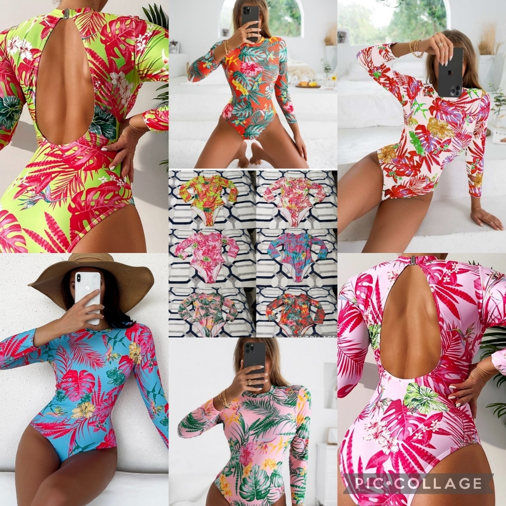 💕Set of 6 Shein Floral & Tropical Palm One Piece Swimsuit Long Sleeve Large L